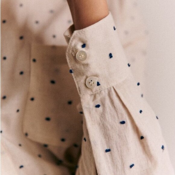 Sezane Linen Ramie Tomboy Shirt Ecru Blue Dot Print Size 34 French US 2 Button - Picture 3 of 15